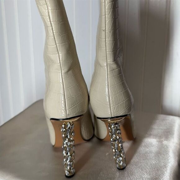 Azalea Wang Cream Croc Embossed Crystal Heel Pointed Toe Boots Size 7.5 - Picture 6 of 9